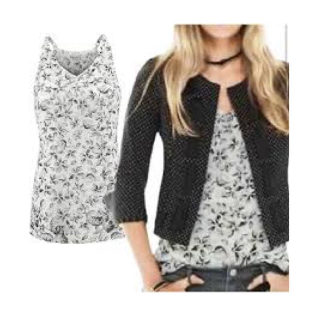 Cabi Womans Floral Terrace Split Back Tank Top White Black Size Medium